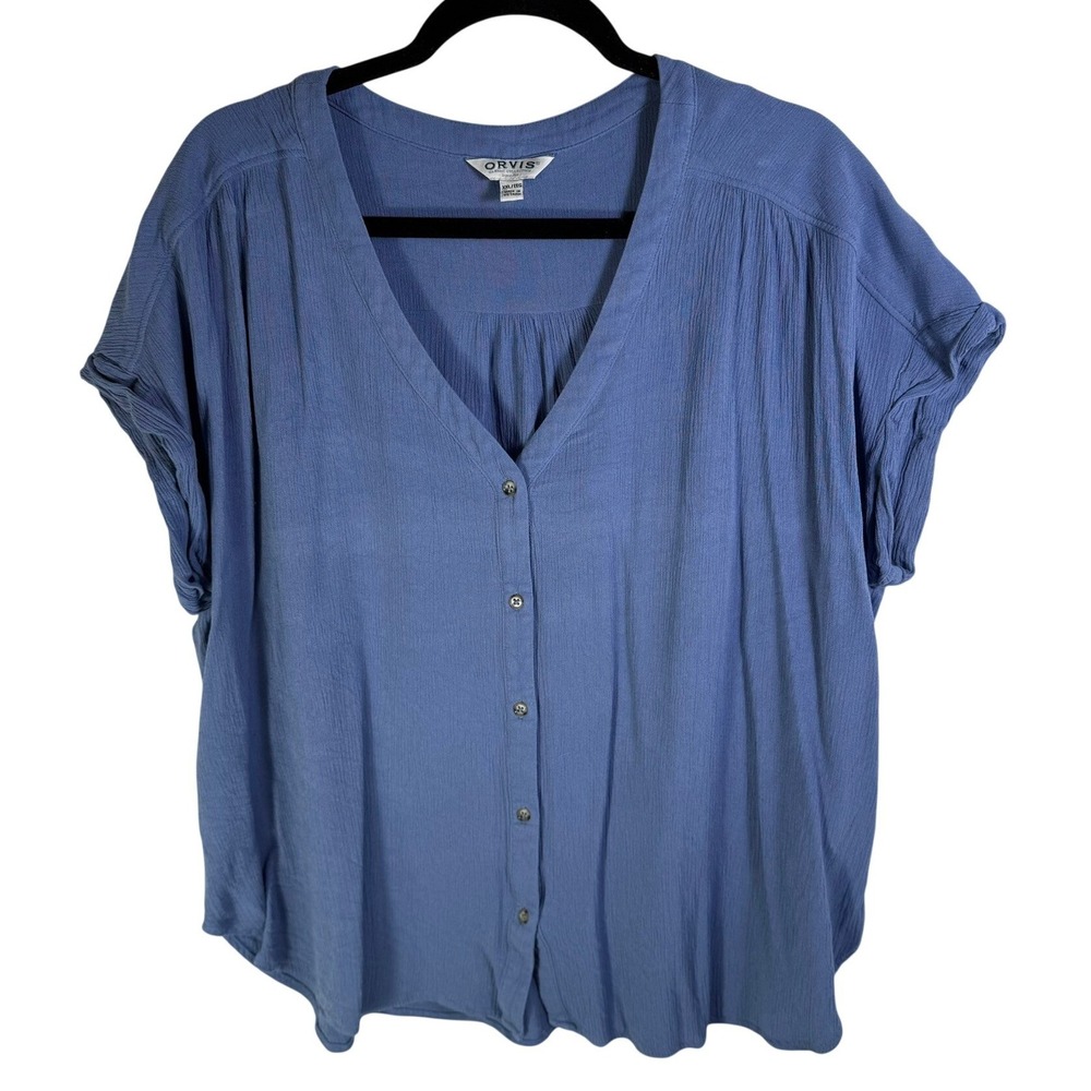 Orvis Blue Rayon Crinkle Button Front V-Neck Blouse XXL Short Sleeve 1770085